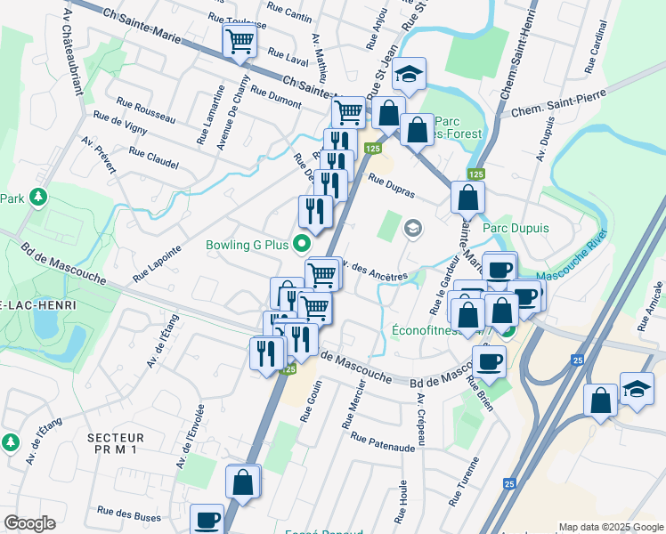 map of restaurants, bars, coffee shops, grocery stores, and more near 919 Montée Masson in Mascouche