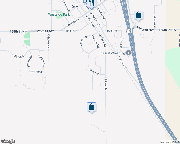 map of restaurants, bars, coffee shops, grocery stores, and more near 607 8th Street Southwest in Rice