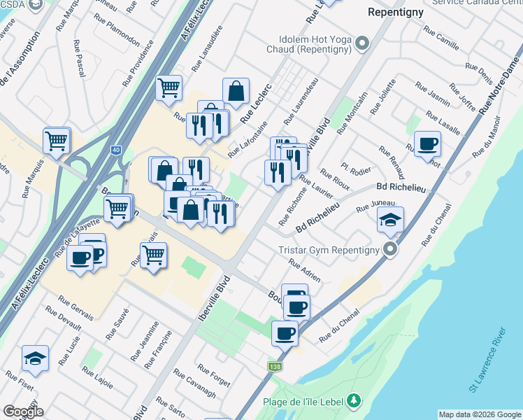 map of restaurants, bars, coffee shops, grocery stores, and more near 489 Boulevard Iberville in Repentigny