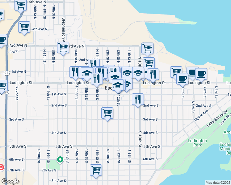 map of restaurants, bars, coffee shops, grocery stores, and more near in Escanaba