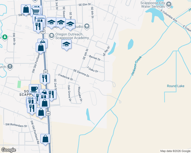 map of restaurants, bars, coffee shops, grocery stores, and more near 33973 Southeast Davona Drive in Scappoose