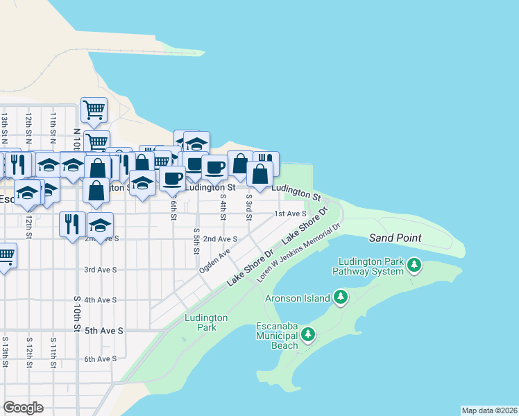 map of restaurants, bars, coffee shops, grocery stores, and more near 225 Ludington Street in Escanaba