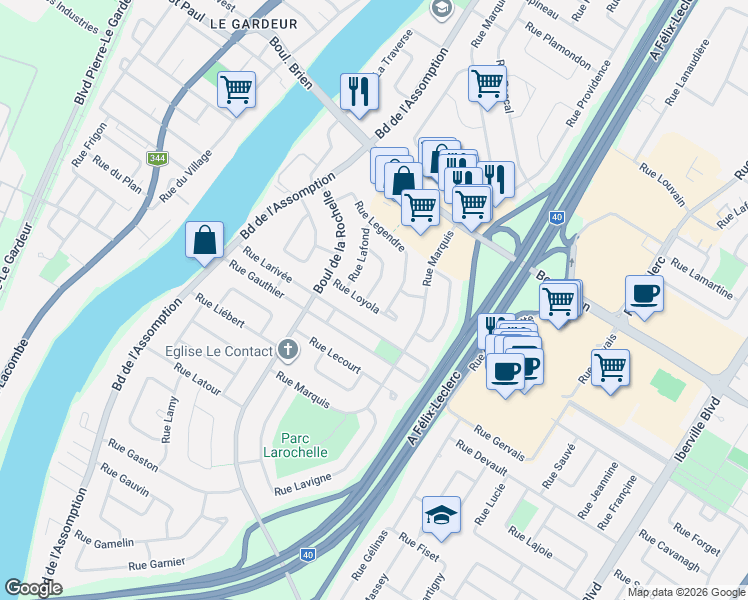map of restaurants, bars, coffee shops, grocery stores, and more near 193 Rue Loyola in Repentigny