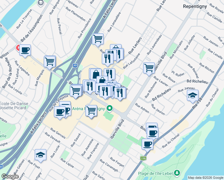 map of restaurants, bars, coffee shops, grocery stores, and more near 116 Rue Lapointe in Repentigny
