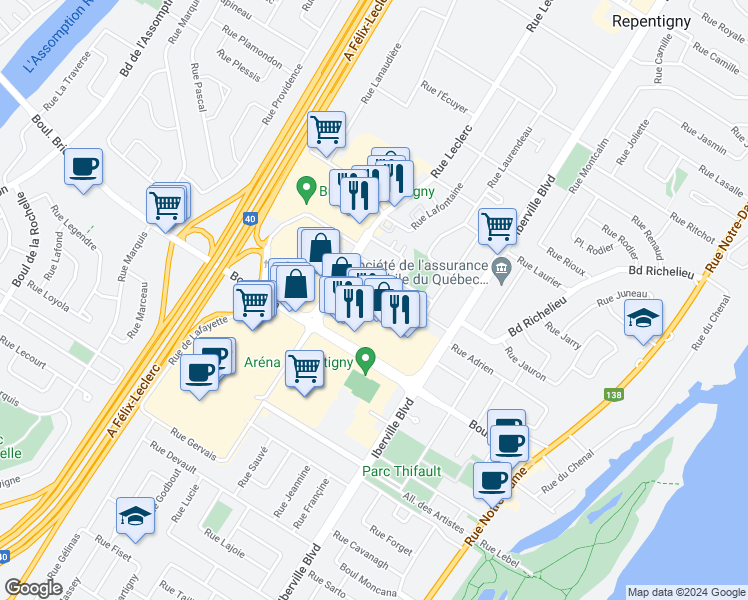 map of restaurants, bars, coffee shops, grocery stores, and more near 116 Rue Lapointe in Repentigny