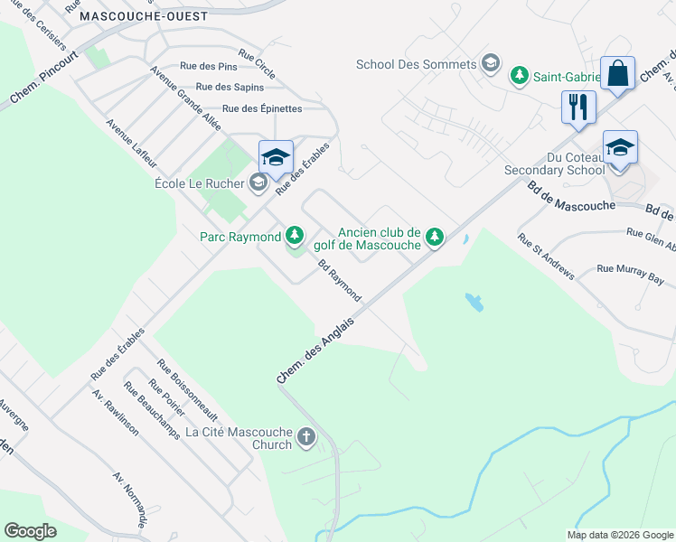 map of restaurants, bars, coffee shops, grocery stores, and more near 1441 Boulevard Raymond in Mascouche