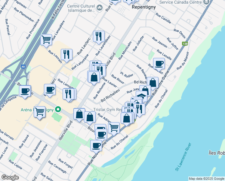 map of restaurants, bars, coffee shops, grocery stores, and more near 93 Boulevard Richelieu in Repentigny
