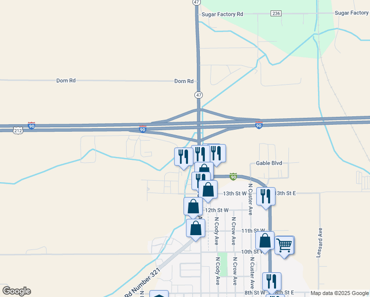 map of restaurants, bars, coffee shops, grocery stores, and more near 7 Park Road in Hardin