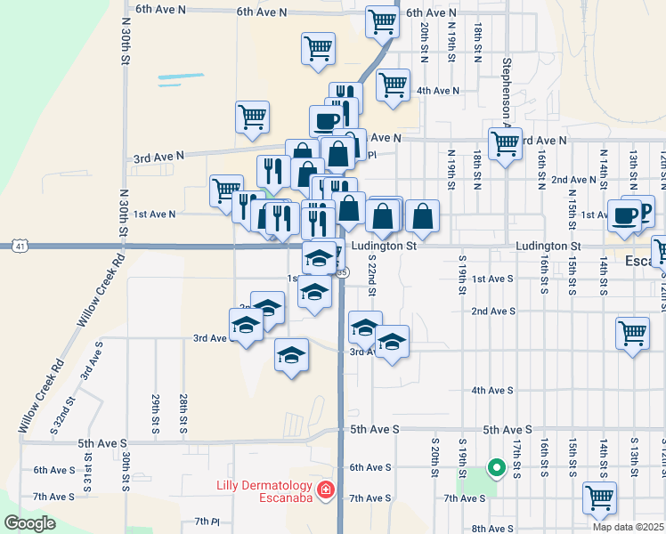 map of restaurants, bars, coffee shops, grocery stores, and more near 2223 Ludington Street in Escanaba