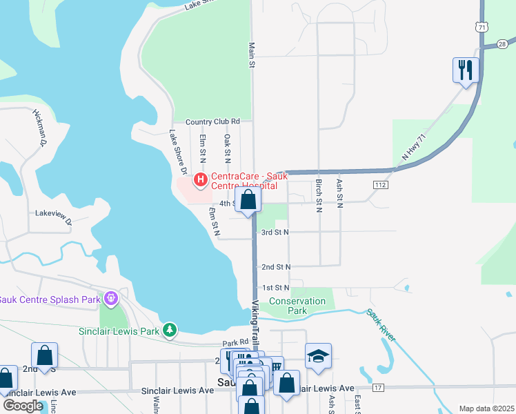 map of restaurants, bars, coffee shops, grocery stores, and more near 342 Main Street North in Sauk Centre
