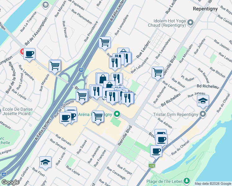 map of restaurants, bars, coffee shops, grocery stores, and more near 124 Rue Lapointe in Repentigny