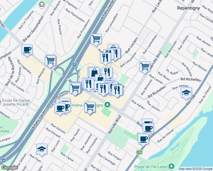 map of restaurants, bars, coffee shops, grocery stores, and more near 124 Rue Lapointe in Repentigny