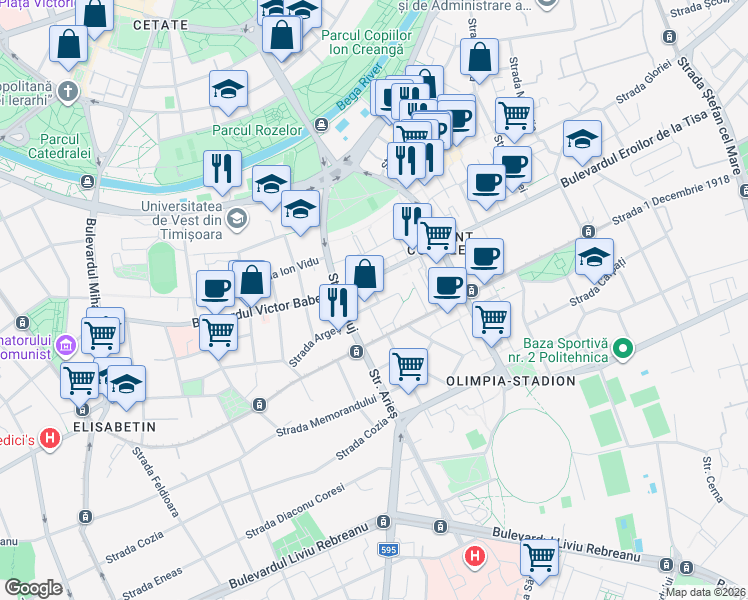 map of restaurants, bars, coffee shops, grocery stores, and more near 7 Strada Diana in Timișoara