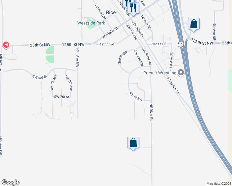 map of restaurants, bars, coffee shops, grocery stores, and more near 302 5th Street Southwest in Rice