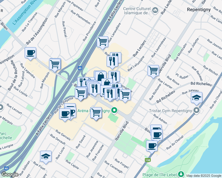 map of restaurants, bars, coffee shops, grocery stores, and more near 132 Rue Lapointe in Repentigny