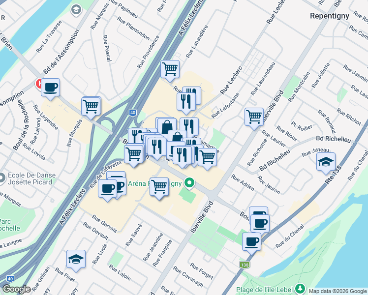 map of restaurants, bars, coffee shops, grocery stores, and more near 132 Rue Lapointe in Repentigny
