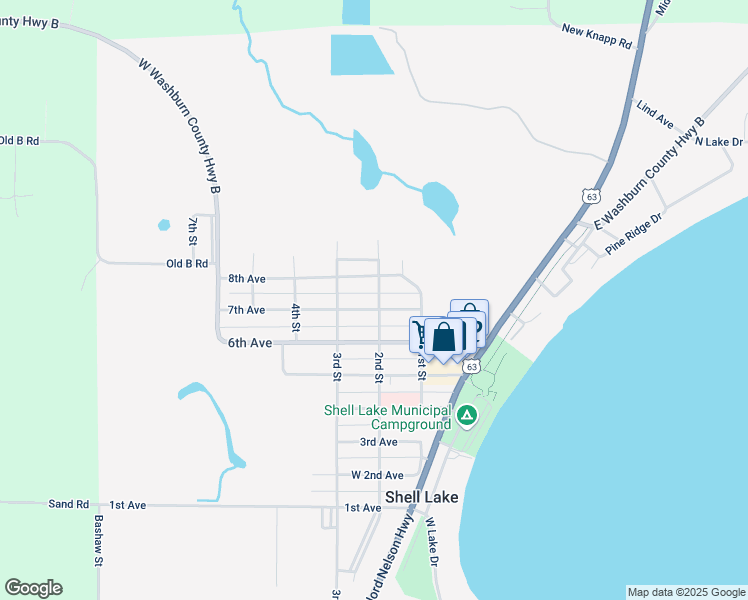 map of restaurants, bars, coffee shops, grocery stores, and more near 201 7th Avenue in Shell Lake