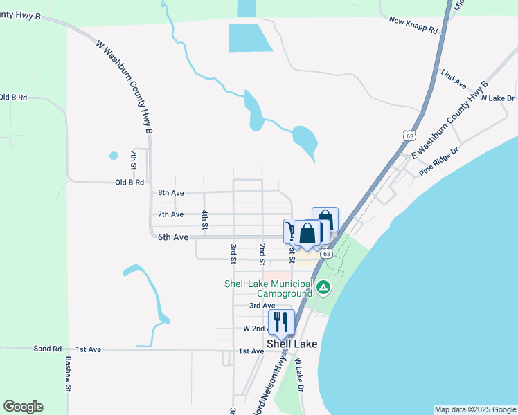 map of restaurants, bars, coffee shops, grocery stores, and more near 201 7th Avenue in Shell Lake