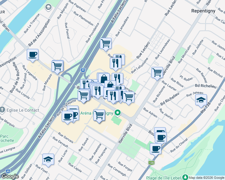 map of restaurants, bars, coffee shops, grocery stores, and more near 136 Rue Lapointe in Repentigny
