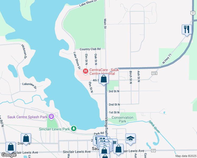 map of restaurants, bars, coffee shops, grocery stores, and more near 514 4th Street North in Sauk Centre
