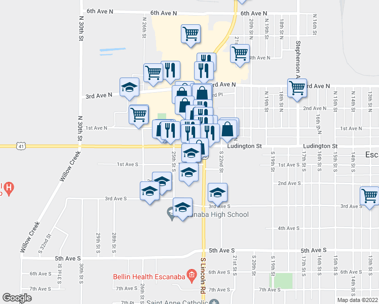map of restaurants, bars, coffee shops, grocery stores, and more near 2313 Ludington Street in Escanaba