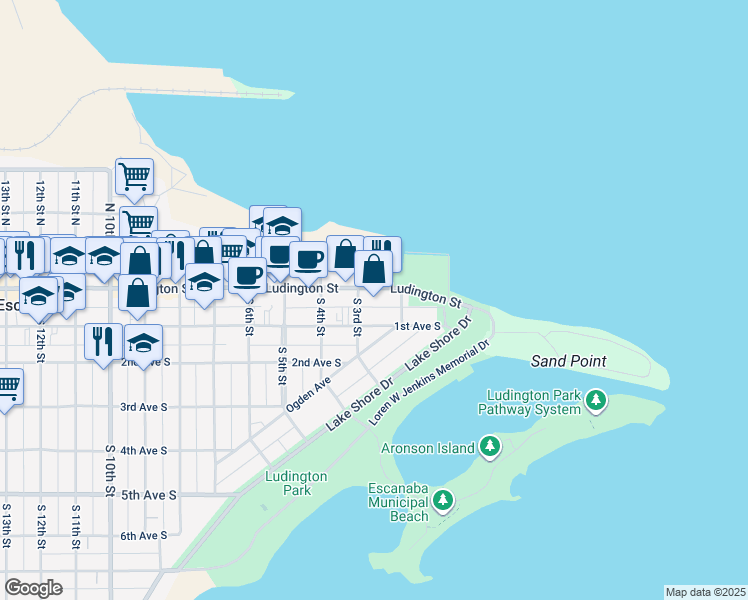 map of restaurants, bars, coffee shops, grocery stores, and more near 223 Ludington Street in Escanaba