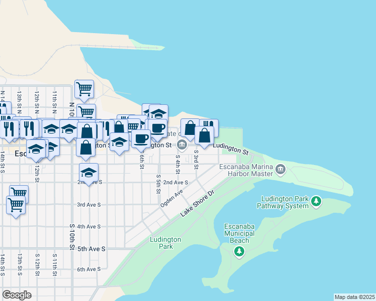 map of restaurants, bars, coffee shops, grocery stores, and more near 305 Ludington Street in Escanaba