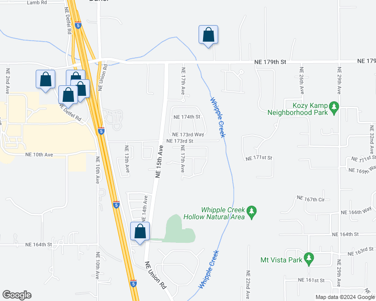 map of restaurants, bars, coffee shops, grocery stores, and more near 1705 Northeast 172nd Street in Ridgefield