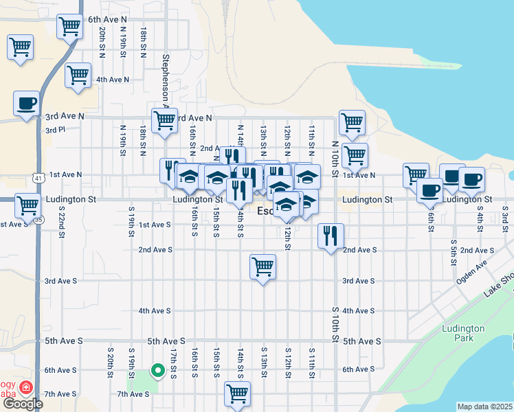 map of restaurants, bars, coffee shops, grocery stores, and more near 1305 Ludington Street in Escanaba