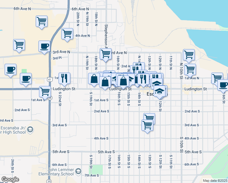 map of restaurants, bars, coffee shops, grocery stores, and more near 1615 Ludington Street in Escanaba