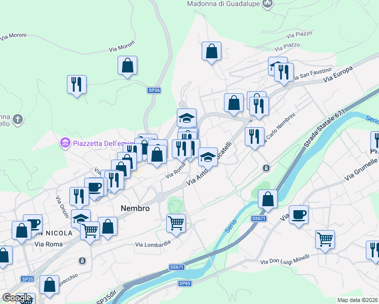 map of restaurants, bars, coffee shops, grocery stores, and more near 2 Piazza Umberto I in Nembro