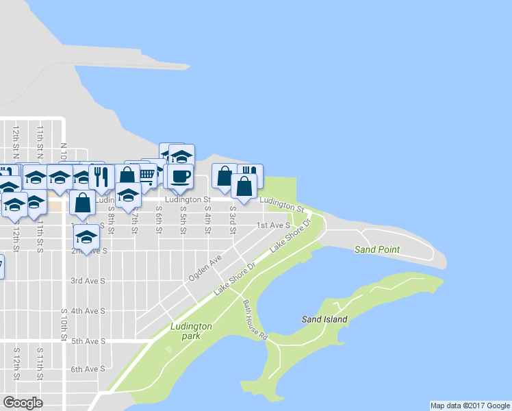 map of restaurants, bars, coffee shops, grocery stores, and more near 209 Ludington Street in Escanaba