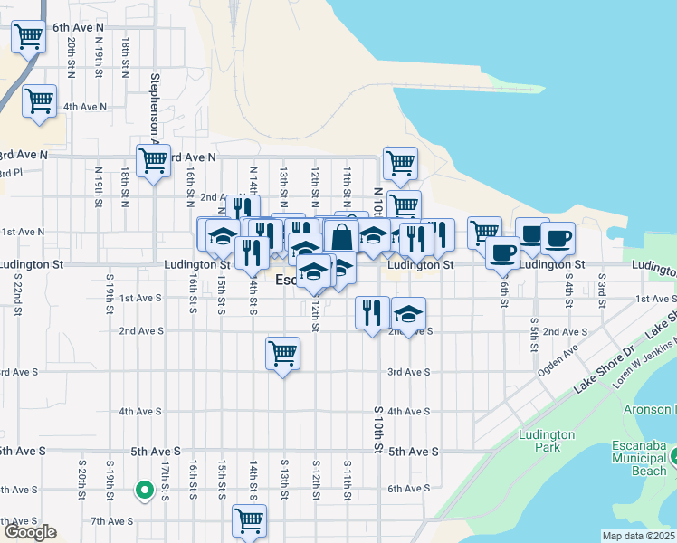 map of restaurants, bars, coffee shops, grocery stores, and more near 115 Ludington Street in Escanaba