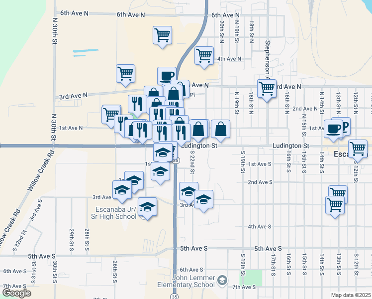 map of restaurants, bars, coffee shops, grocery stores, and more near 2223 Ludington Street in Escanaba