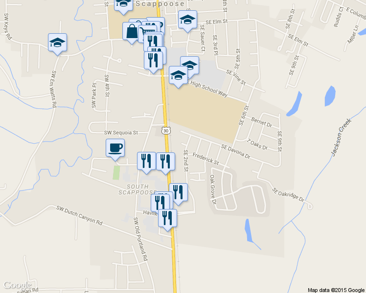 map of restaurants, bars, coffee shops, grocery stores, and more near 33728 Southeast Barbara Court in Scappoose