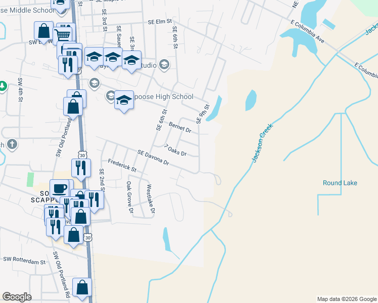 map of restaurants, bars, coffee shops, grocery stores, and more near 33975 7 Oaks Drive in Scappoose
