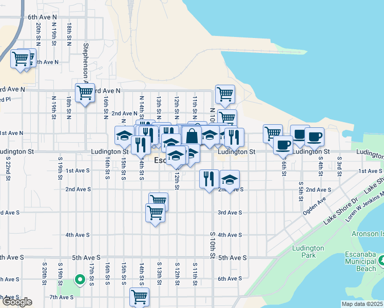 map of restaurants, bars, coffee shops, grocery stores, and more near 115 Ludington Street in Escanaba