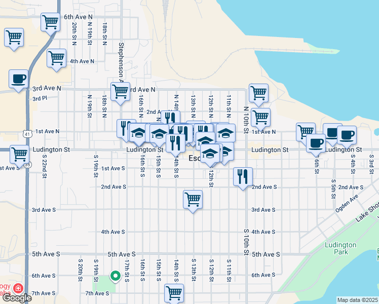 map of restaurants, bars, coffee shops, grocery stores, and more near 1305 Ludington Street in Escanaba