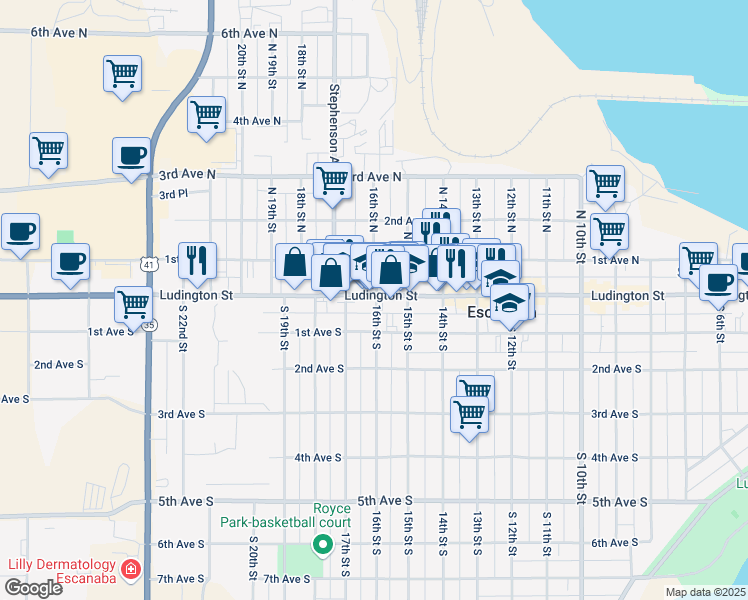 map of restaurants, bars, coffee shops, grocery stores, and more near 1615 Ludington Street in Escanaba