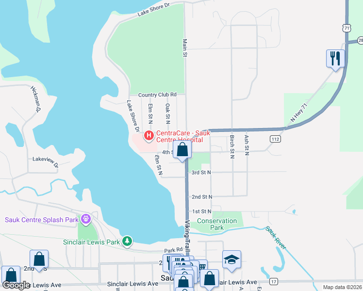 map of restaurants, bars, coffee shops, grocery stores, and more near 514 4th Street North in Sauk Centre