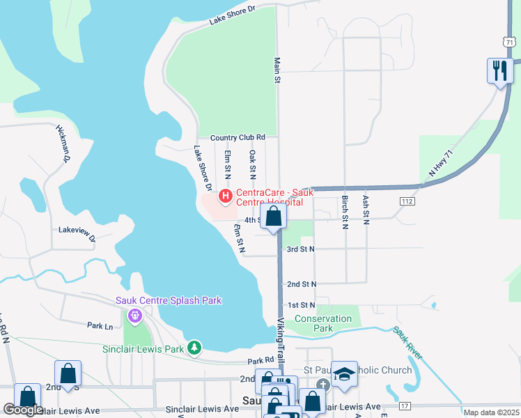 map of restaurants, bars, coffee shops, grocery stores, and more near 514 4th Street North in Sauk Centre