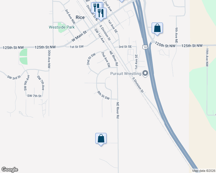 map of restaurants, bars, coffee shops, grocery stores, and more near 602 2nd Avenue Southwest in Rice