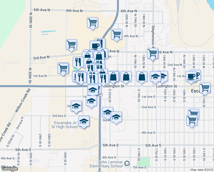 map of restaurants, bars, coffee shops, grocery stores, and more near 2223 Ludington Street in Escanaba