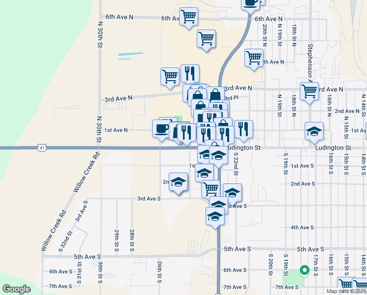 map of restaurants, bars, coffee shops, grocery stores, and more near 2403 Ludington Street in Escanaba
