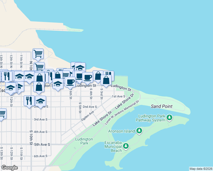 map of restaurants, bars, coffee shops, grocery stores, and more near 225 Ludington Street in Escanaba