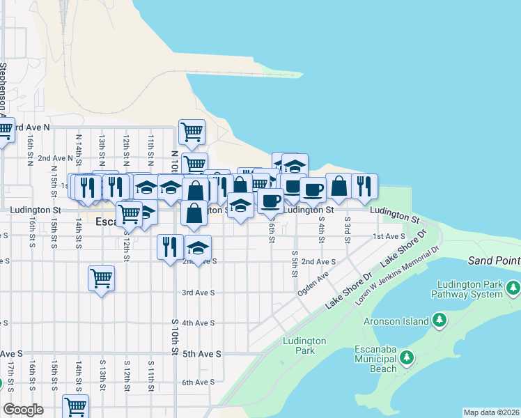 map of restaurants, bars, coffee shops, grocery stores, and more near 624 Ludington Street in Escanaba