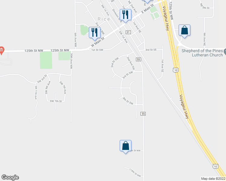 map of restaurants, bars, coffee shops, grocery stores, and more near 302 5th Street Southwest in Rice