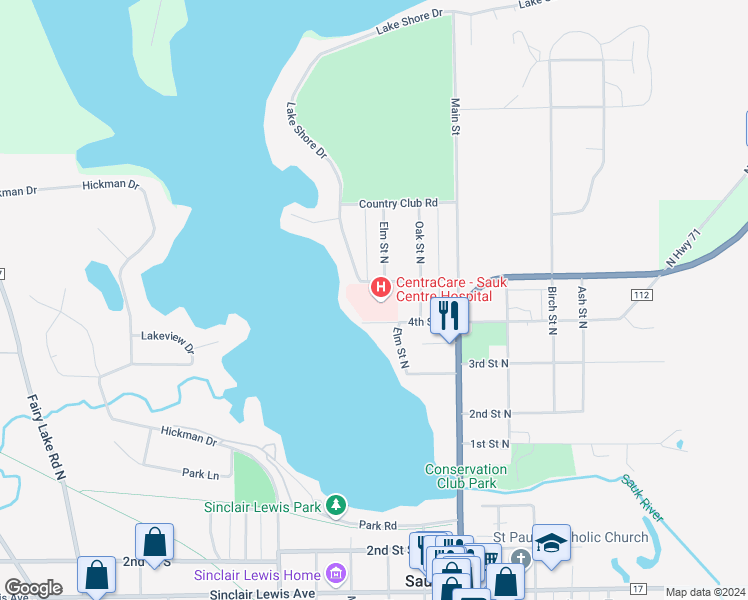 map of restaurants, bars, coffee shops, grocery stores, and more near 425 Elm Street North in Sauk Centre