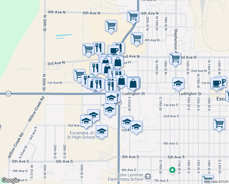 map of restaurants, bars, coffee shops, grocery stores, and more near 2313 Ludington St in Escanaba