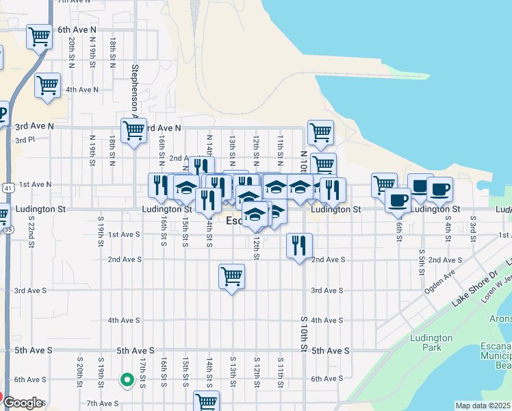 map of restaurants, bars, coffee shops, grocery stores, and more near in Escanaba